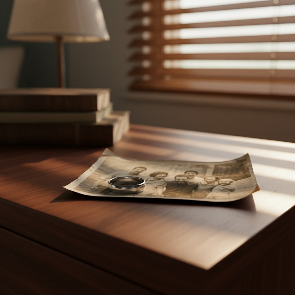 Une photo sur une table près de la fenêtre. Un anneau de mariage est placé sur la photo. À background un filament luminant.