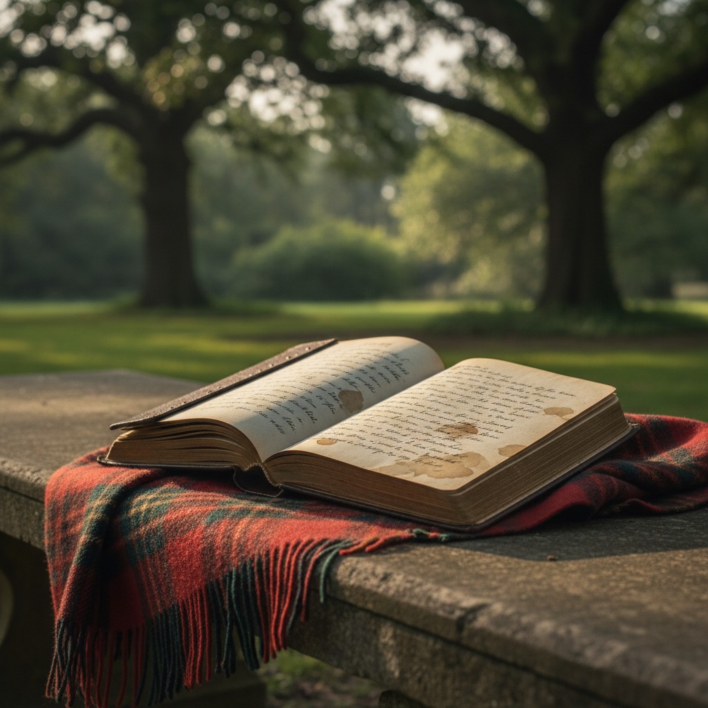 Un livre ouvert reposant sur un banc à l'ombre d'arbre, baignant dans un matinidur|chaud voile parc nature